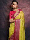 Banarasee Semi-Chiffon Antique Zari Saree Contrast Border Saree-Yellow & Pink