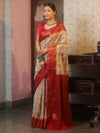 Banarasee Semi-Georgette Saree With Zari Jaal Design & Contrast Border-White & Red
