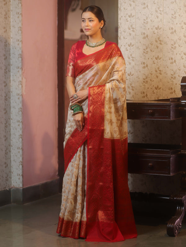 Banarasee Semi-Georgette Saree With Zari Jaal Design & Contrast Border-White & Red