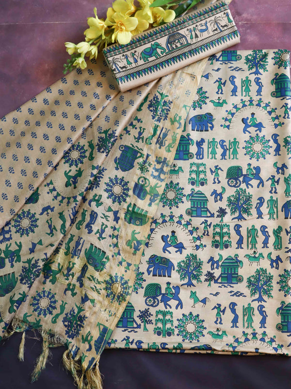 Handloom Printed Khadi Cotton Salwar Kameez Dupatta Set-Beige