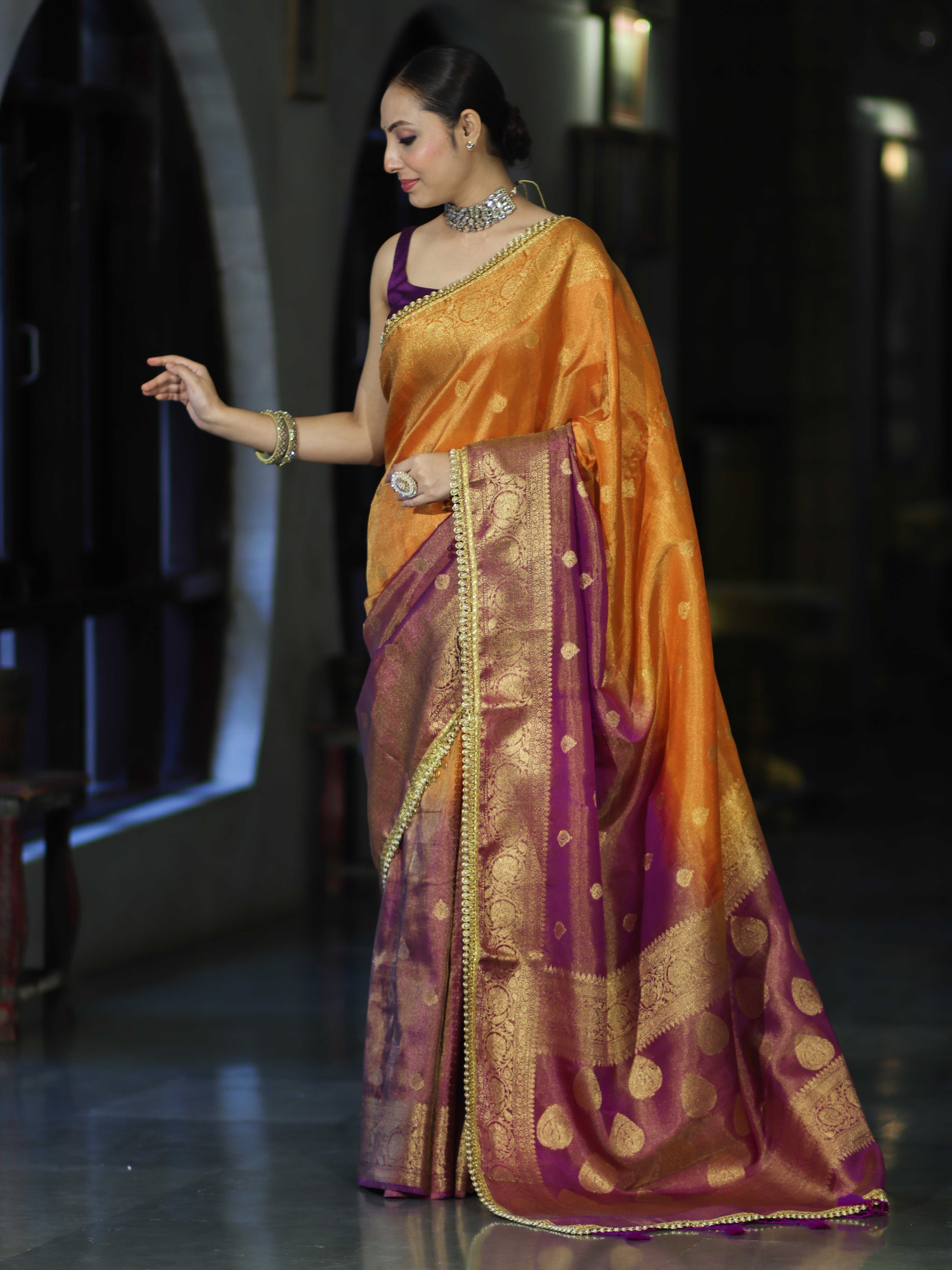 Banarasee Handloom Dual Color Tissue Silk Saree With Zari Buta Design Border & Lace-Violet & Orange