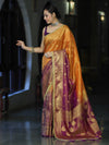 Banarasee Handloom Dual Color Tissue Silk Saree With Zari Buta Design Border & Lace-Violet & Orange