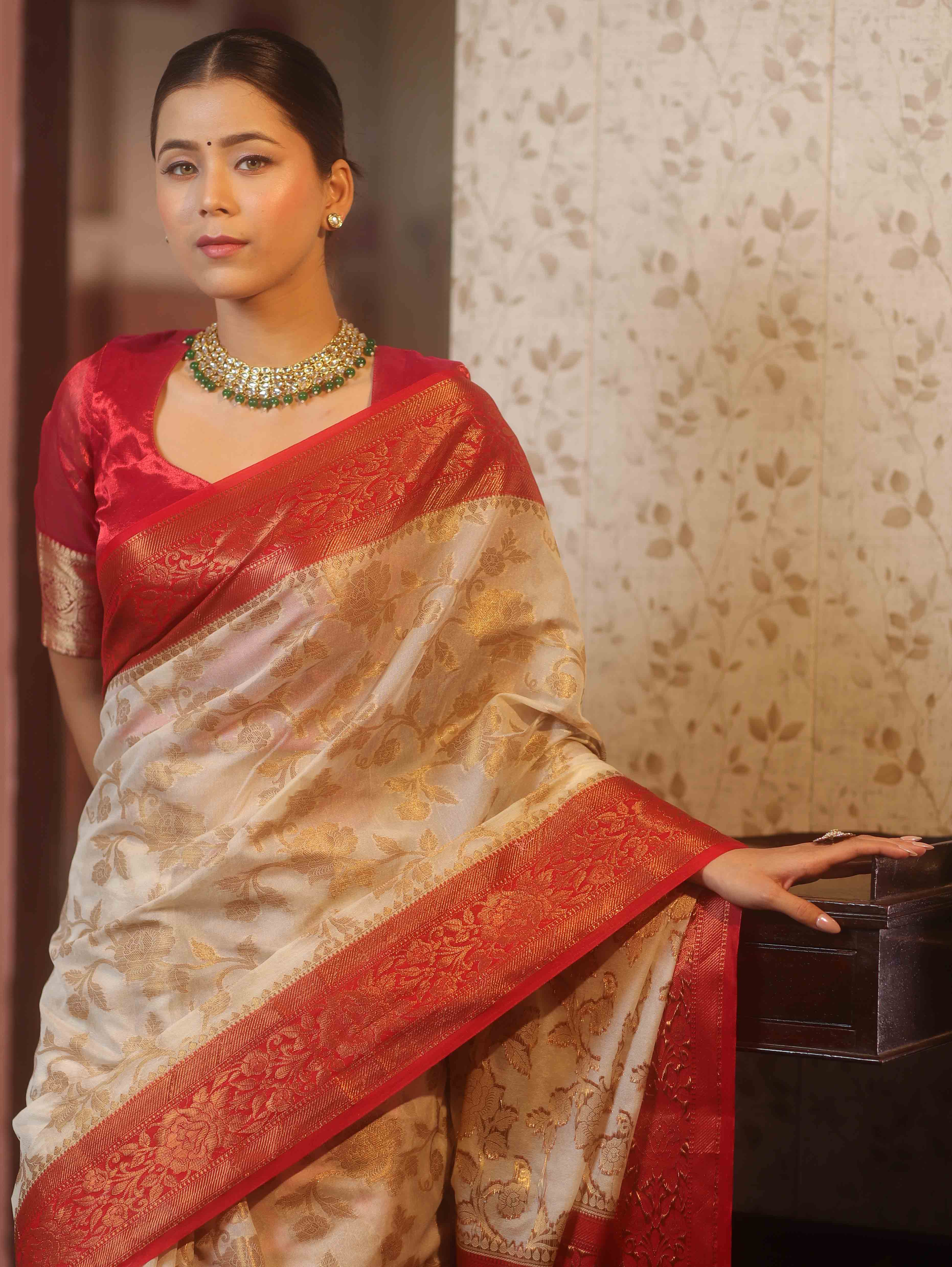 Banarasee Semi-Georgette Saree With Zari Jaal Design & Contrast Border-White & Red