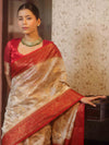 Banarasee Semi-Georgette Saree With Zari Jaal Design & Contrast Border-White & Red