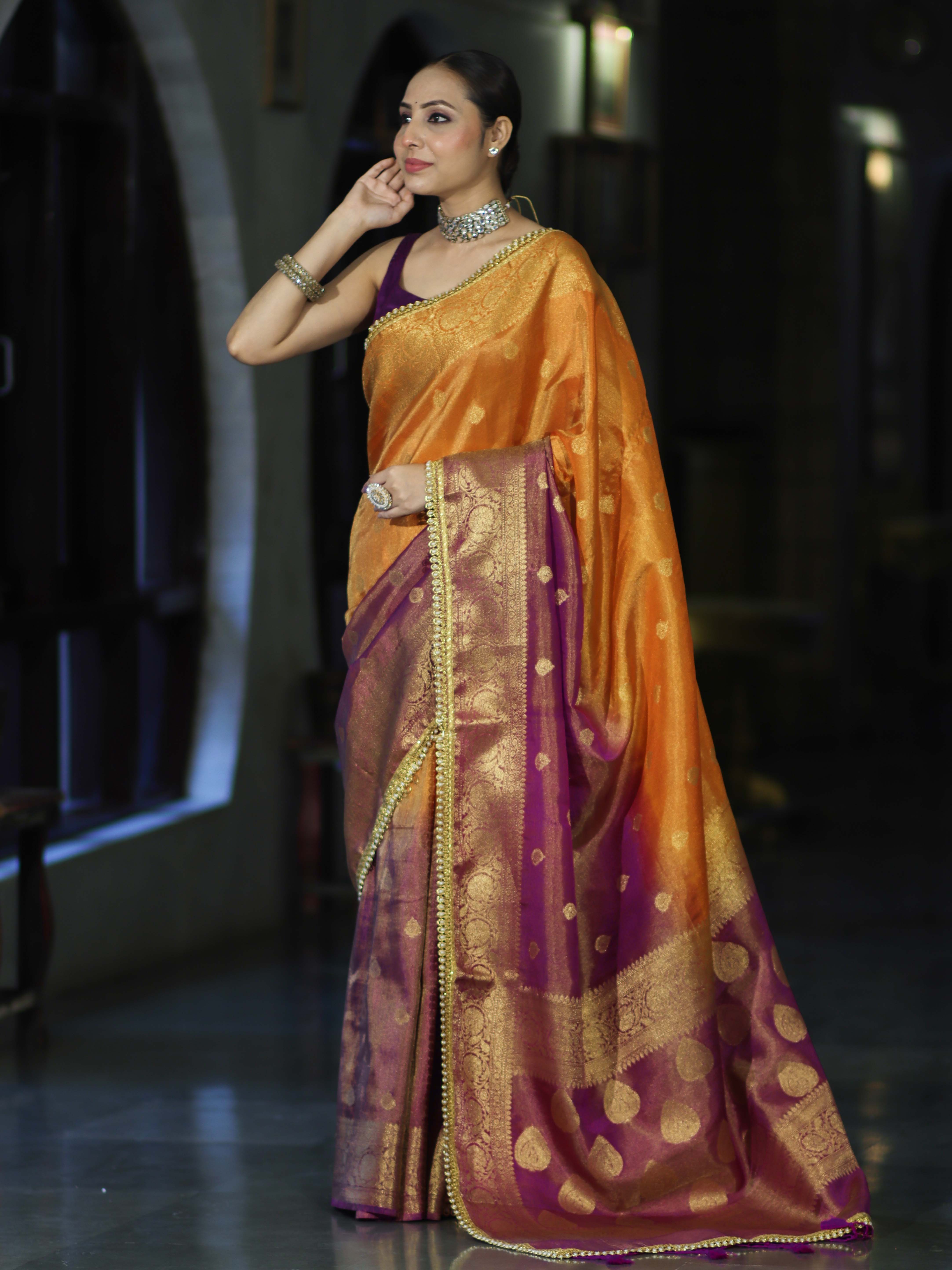 Banarasee Handloom Dual Color Tissue Silk Saree With Zari Buta Design Border & Lace-Violet & Orange