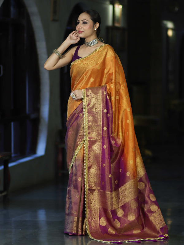 Banarasee Handloom Dual Color Tissue Silk Saree With Zari Buta Design Border & Lace-Violet & Orange