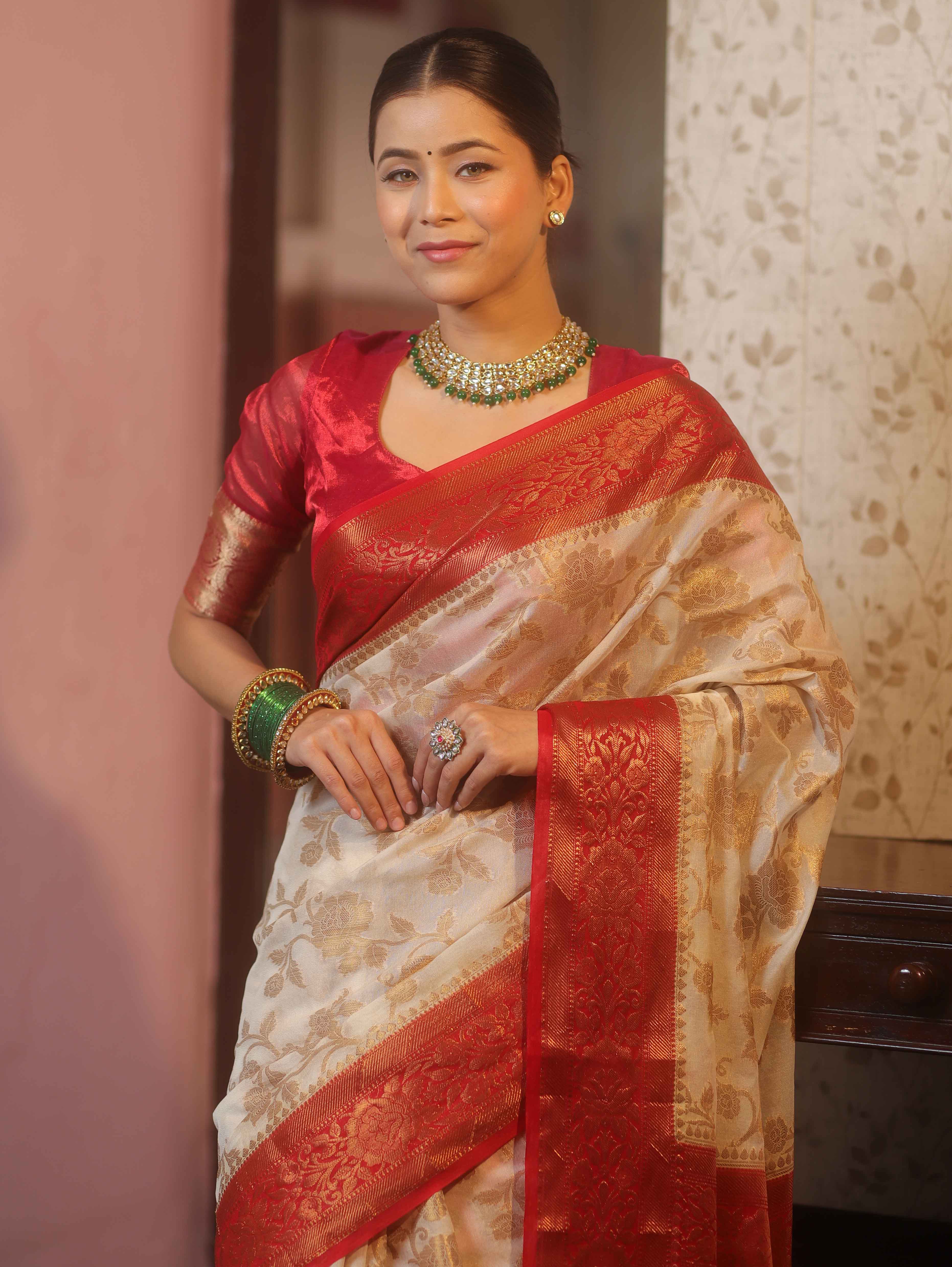 Banarasee Semi-Georgette Saree With Zari Jaal Design & Contrast Border-White & Red
