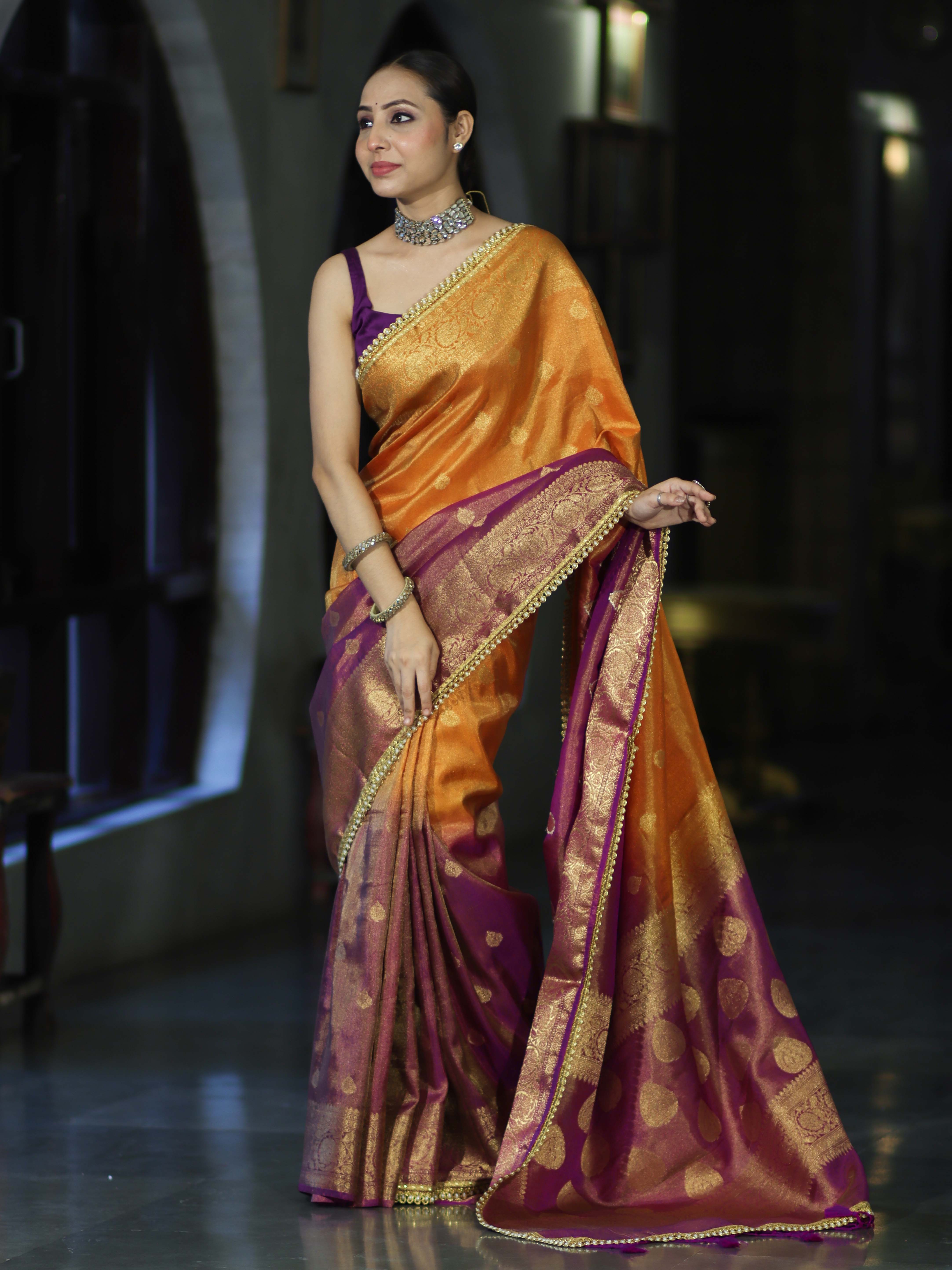 Banarasee Handloom Dual Color Tissue Silk Saree With Zari Buta Design Border & Lace-Violet & Orange