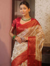 Banarasee Semi-Georgette Saree With Zari Jaal Design & Contrast Border-White & Red