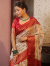 Banarasee Semi-Georgette Saree With Zari Jaal Design & Contrast Border-White & Red