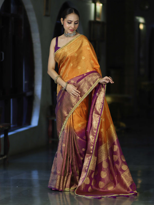 Banarasee Handloom Dual Color Tissue Silk Saree With Zari Buta Design Border & Lace-Violet & Orange