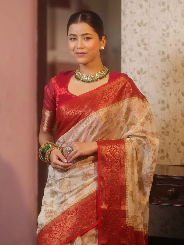 Banarasee Semi-Georgette Saree With Zari Jaal Design & Contrast Border-White & Red