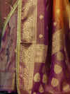Banarasee Handloom Dual Color Tissue Silk Saree With Zari Buta Design Border & Lace-Violet & Orange