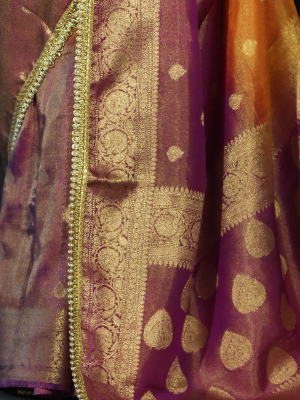 Banarasee Handloom Dual Color Tissue Silk Saree With Zari Buta Design Border & Lace-Violet & Orange