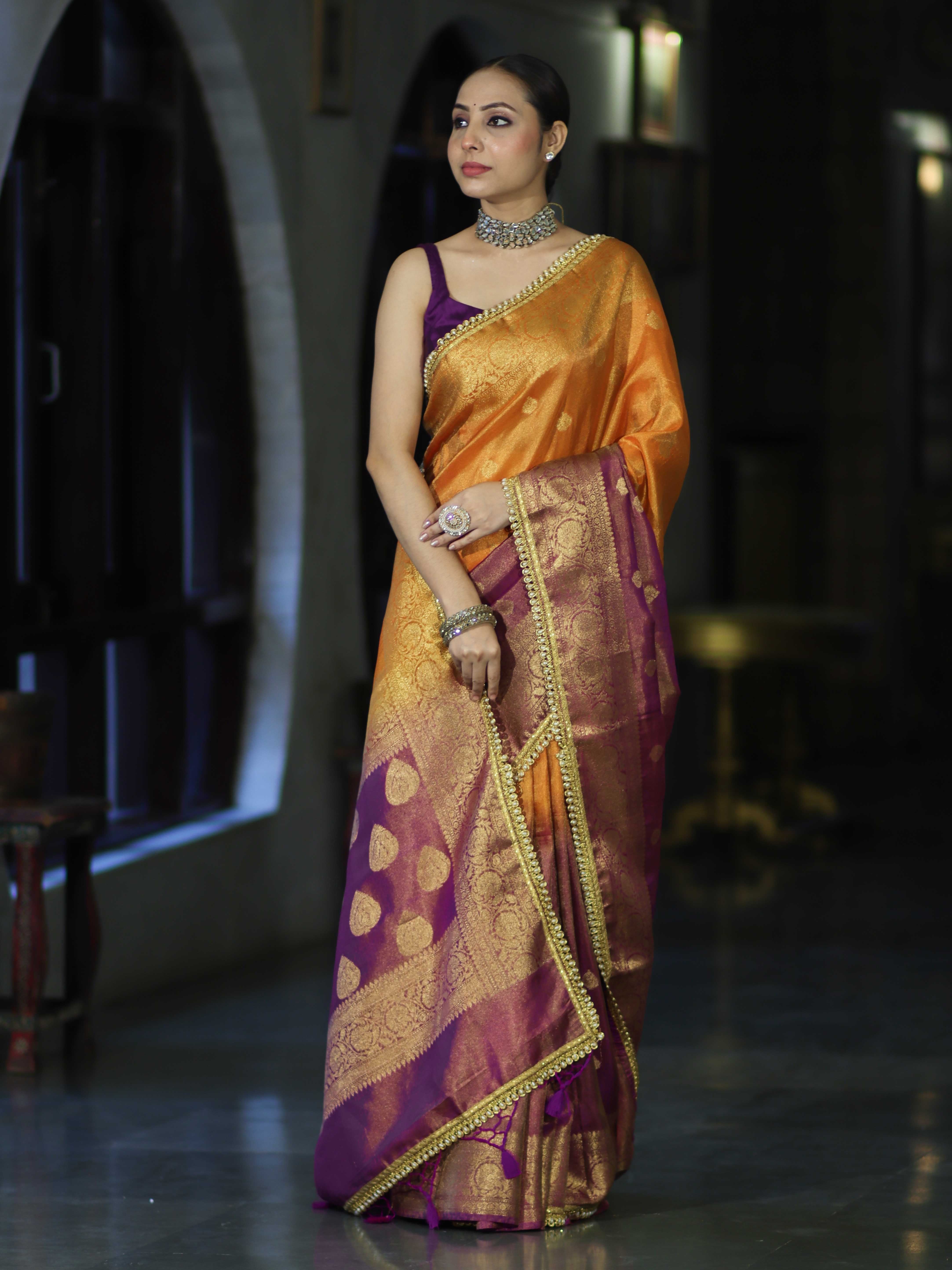Banarasee Handloom Dual Color Tissue Silk Saree With Zari Buta Design Border & Lace-Violet & Orange