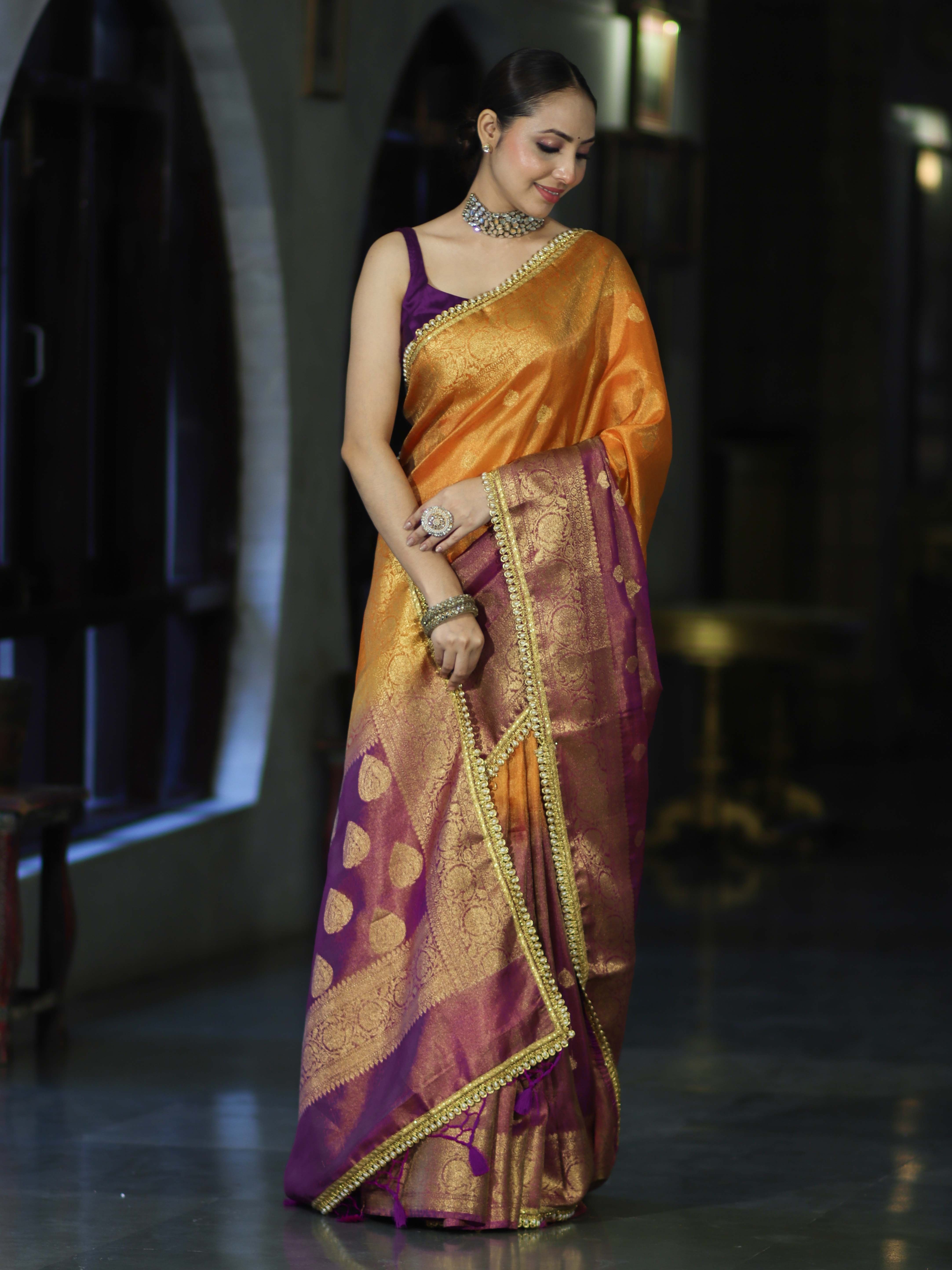 Banarasee Handloom Dual Color Tissue Silk Saree With Zari Buta Design Border & Lace-Violet & Orange