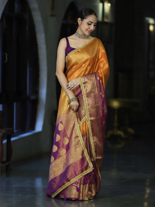 Banarasee Handloom Dual Color Tissue Silk Saree With Zari Buta Design Border & Lace-Violet & Orange