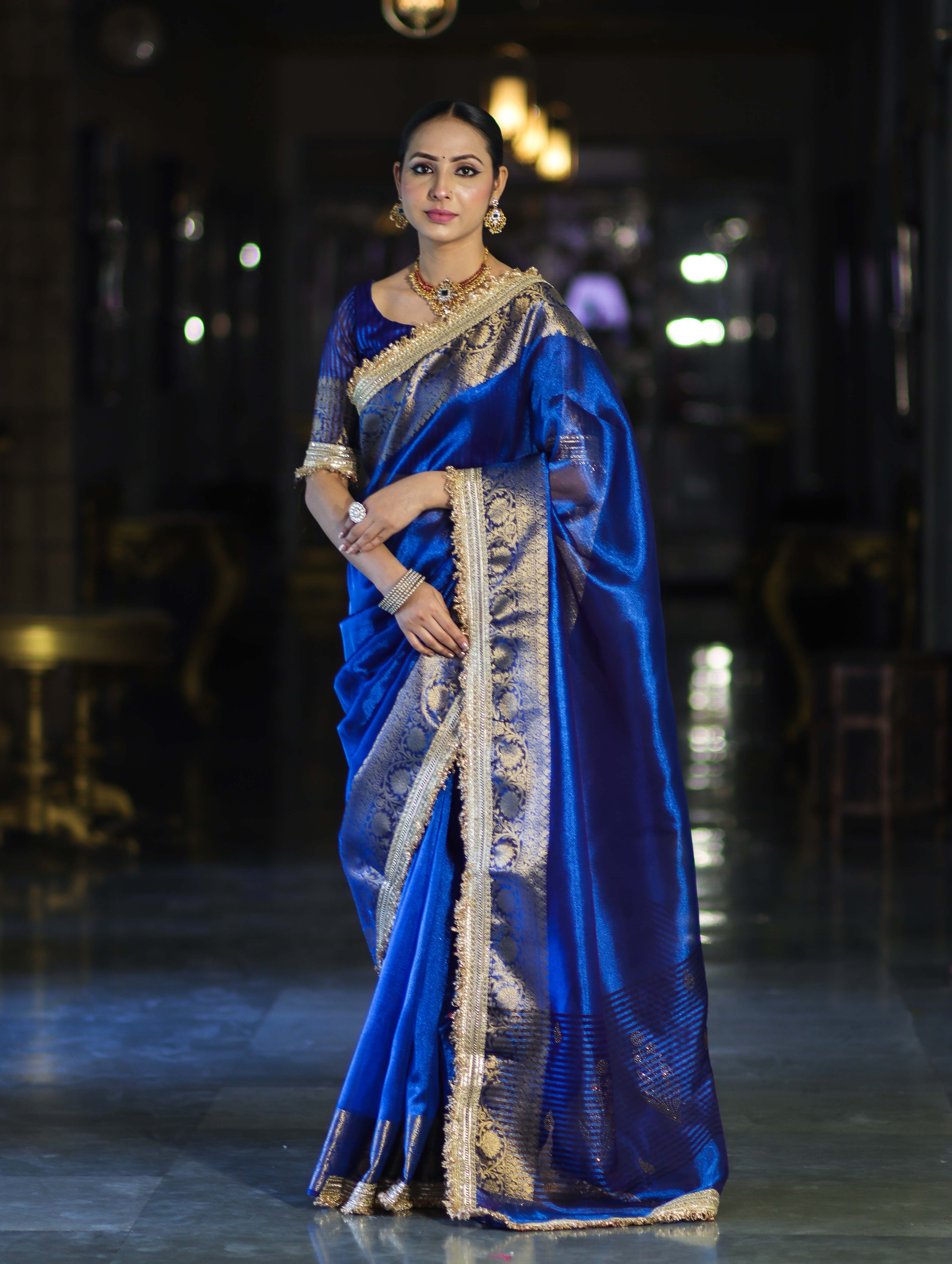 Banarasee Handloom Dual Shaded Plain Tissue Saree With Zari Border & Lace-Blue