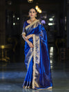 Banarasee Handloom Dual Shaded Plain Tissue Saree With Zari Border & Lace-Blue