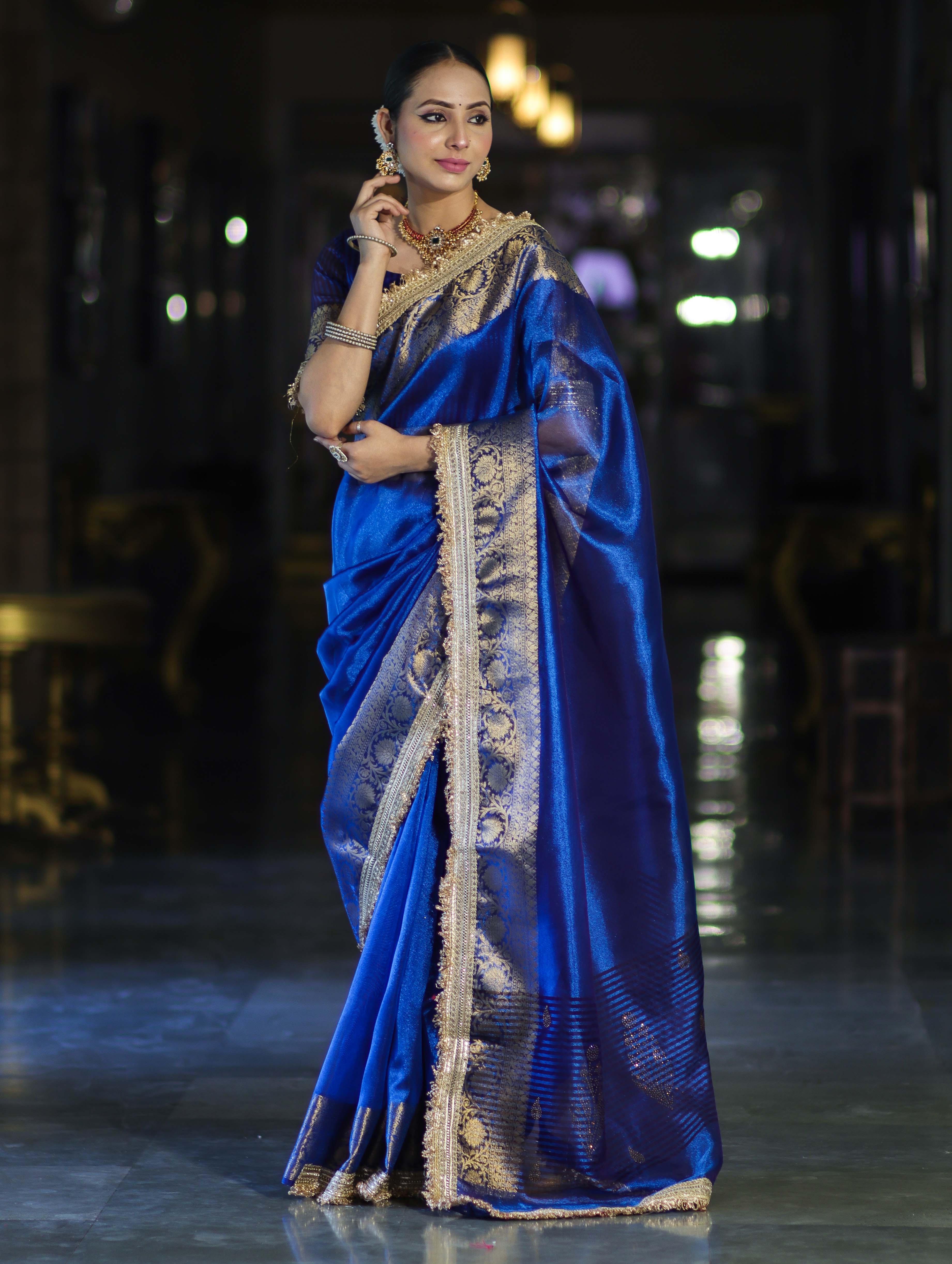 Banarasee Handloom Dual Shaded Plain Tissue Saree With Zari Border & Lace-Blue