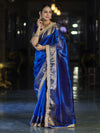 Banarasee Handloom Dual Shaded Plain Tissue Saree With Zari Border & Lace-Blue