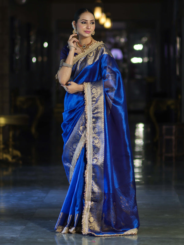 Banarasee Handloom Dual Shaded Plain Tissue Saree With Zari Border & Lace-Blue