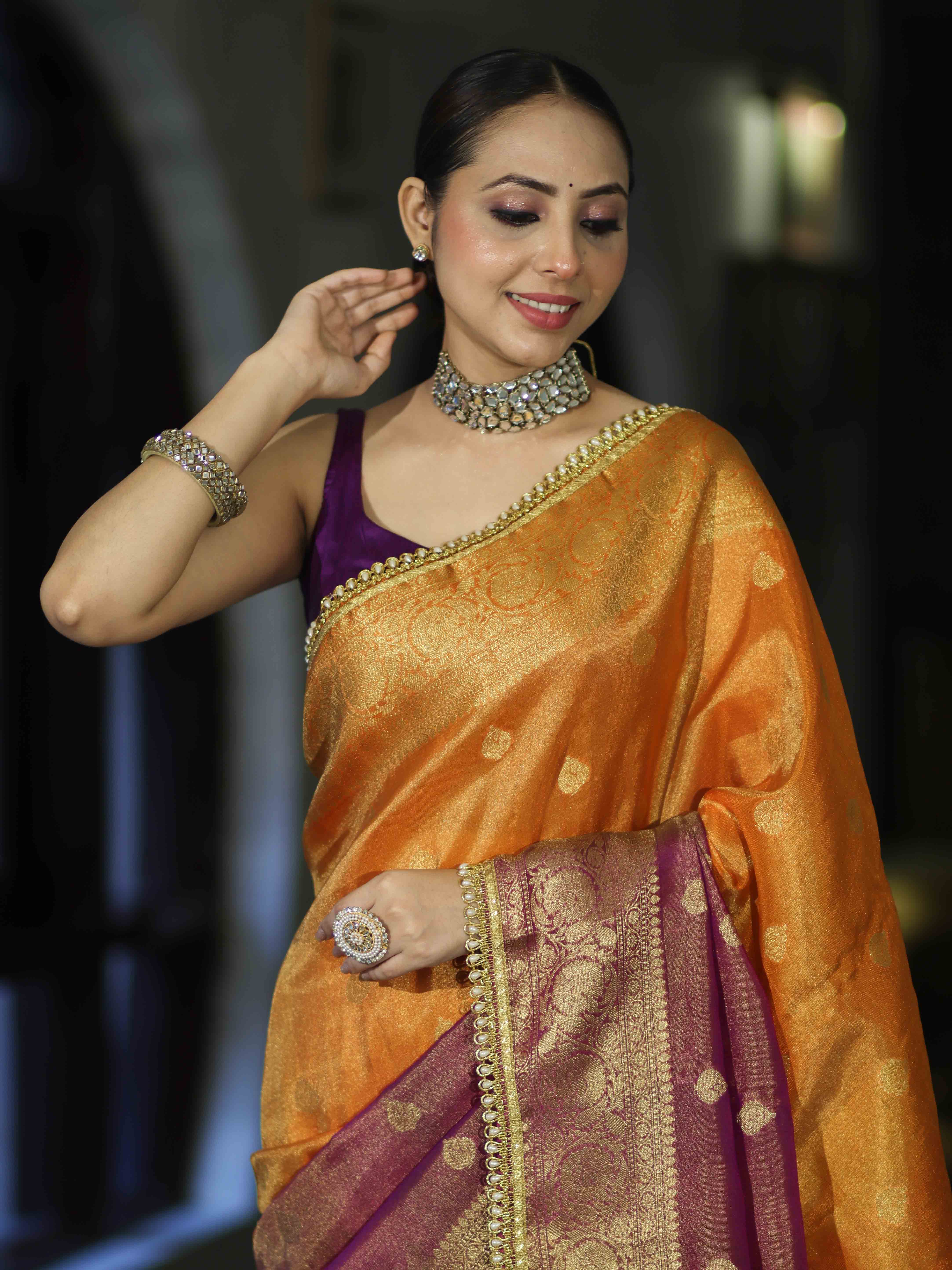 Banarasee Handloom Dual Color Tissue Silk Saree With Zari Buta Design Border & Lace-Violet & Orange