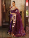 Banarasee Handwoven Plain Tissue Saree With Zari Border & Lace-Violet