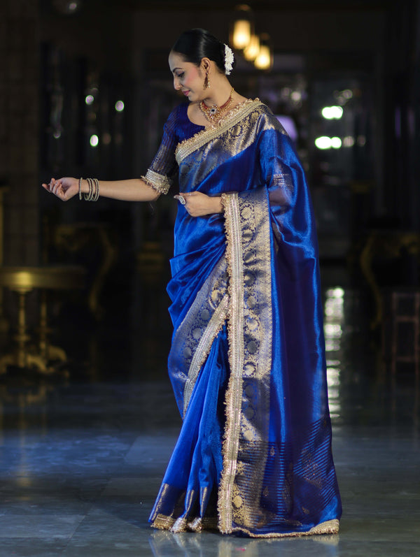 Banarasee Handloom Dual Shaded Plain Tissue Saree With Zari Border & Lace-Blue