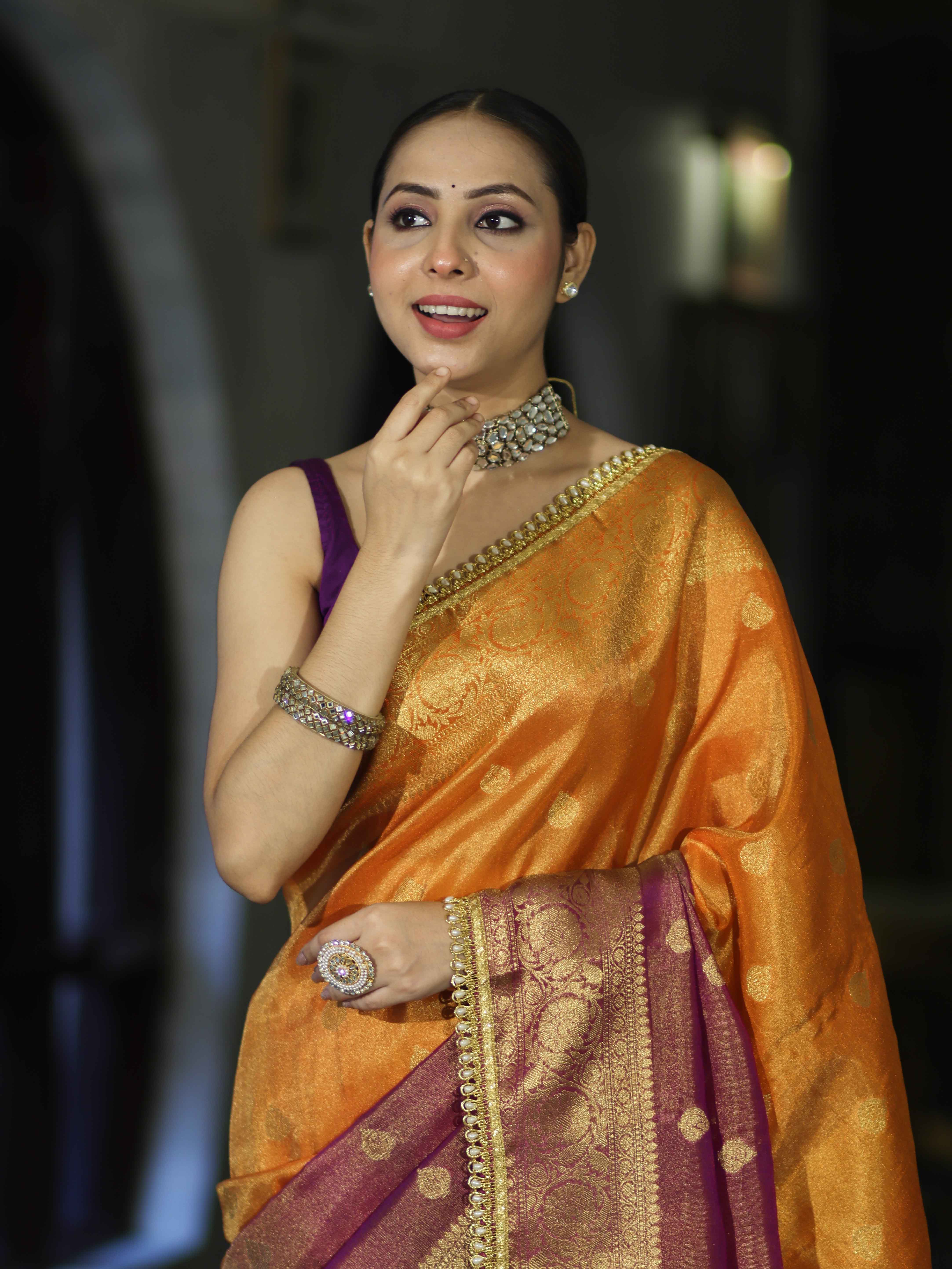Banarasee Handloom Dual Color Tissue Silk Saree With Zari Buta Design Border & Lace-Violet & Orange