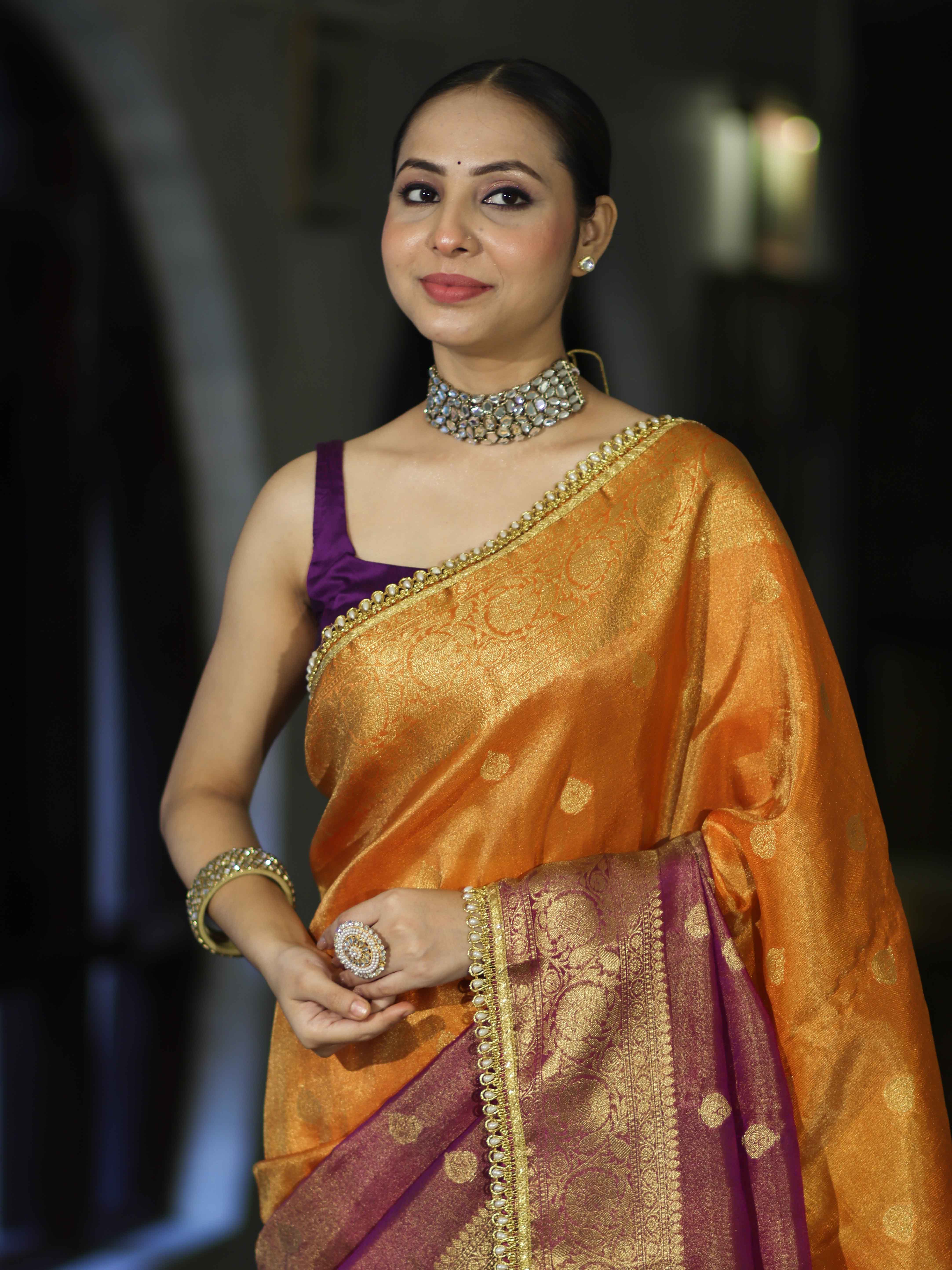 Banarasee Handloom Dual Color Tissue Silk Saree With Zari Buta Design Border & Lace-Violet & Orange