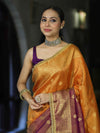 Banarasee Handloom Dual Color Tissue Silk Saree With Zari Buta Design Border & Lace-Violet & Orange