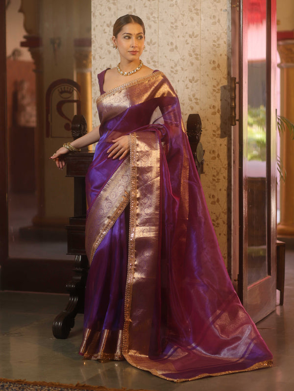 Banarasee Handwoven Plain Tissue Saree With Zari Border & Lace-Violet