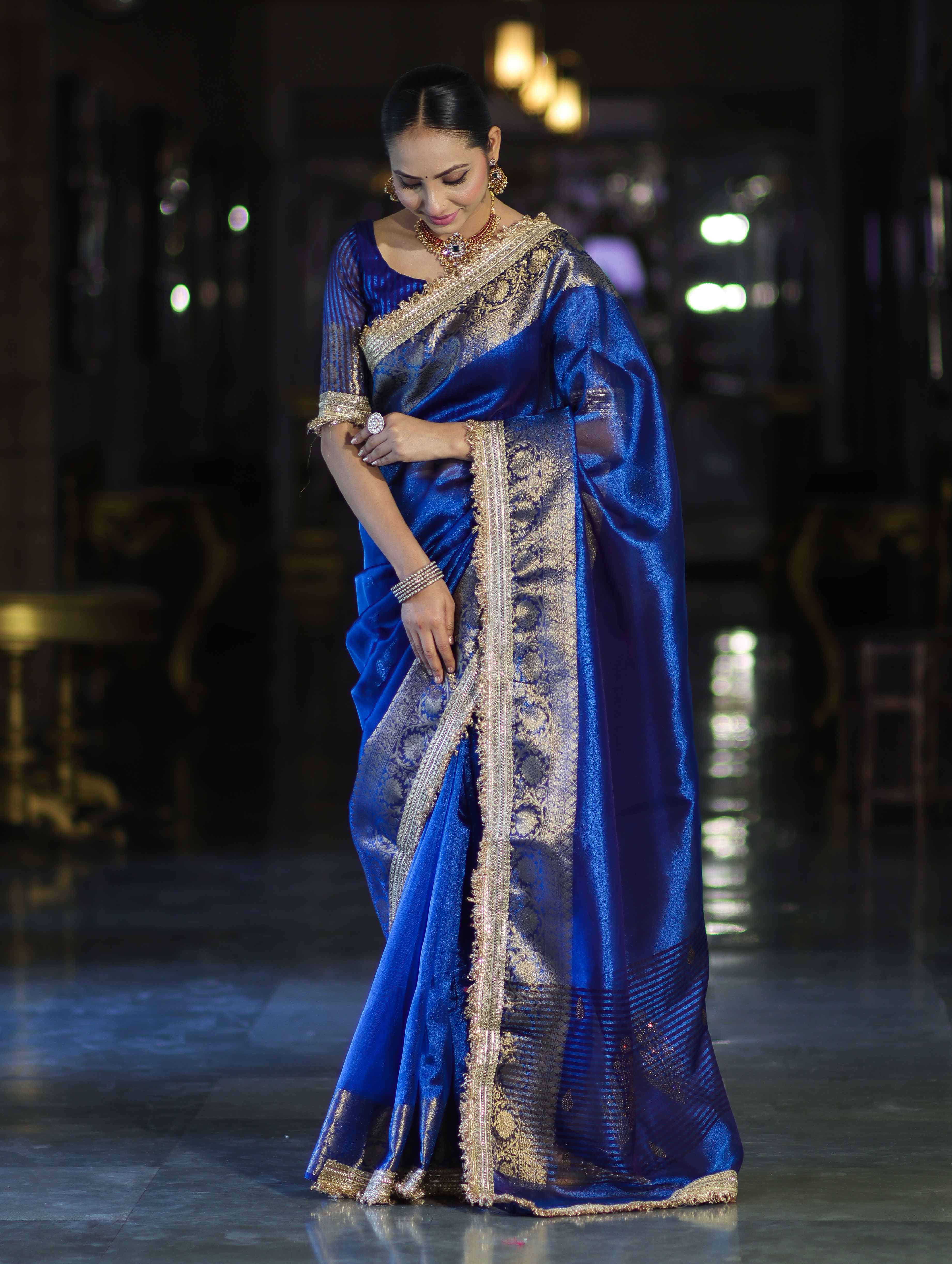 Banarasee Handloom Dual Shaded Plain Tissue Saree With Zari Border & Lace-Blue