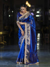 Banarasee Handloom Dual Shaded Plain Tissue Saree With Zari Border & Lace-Blue