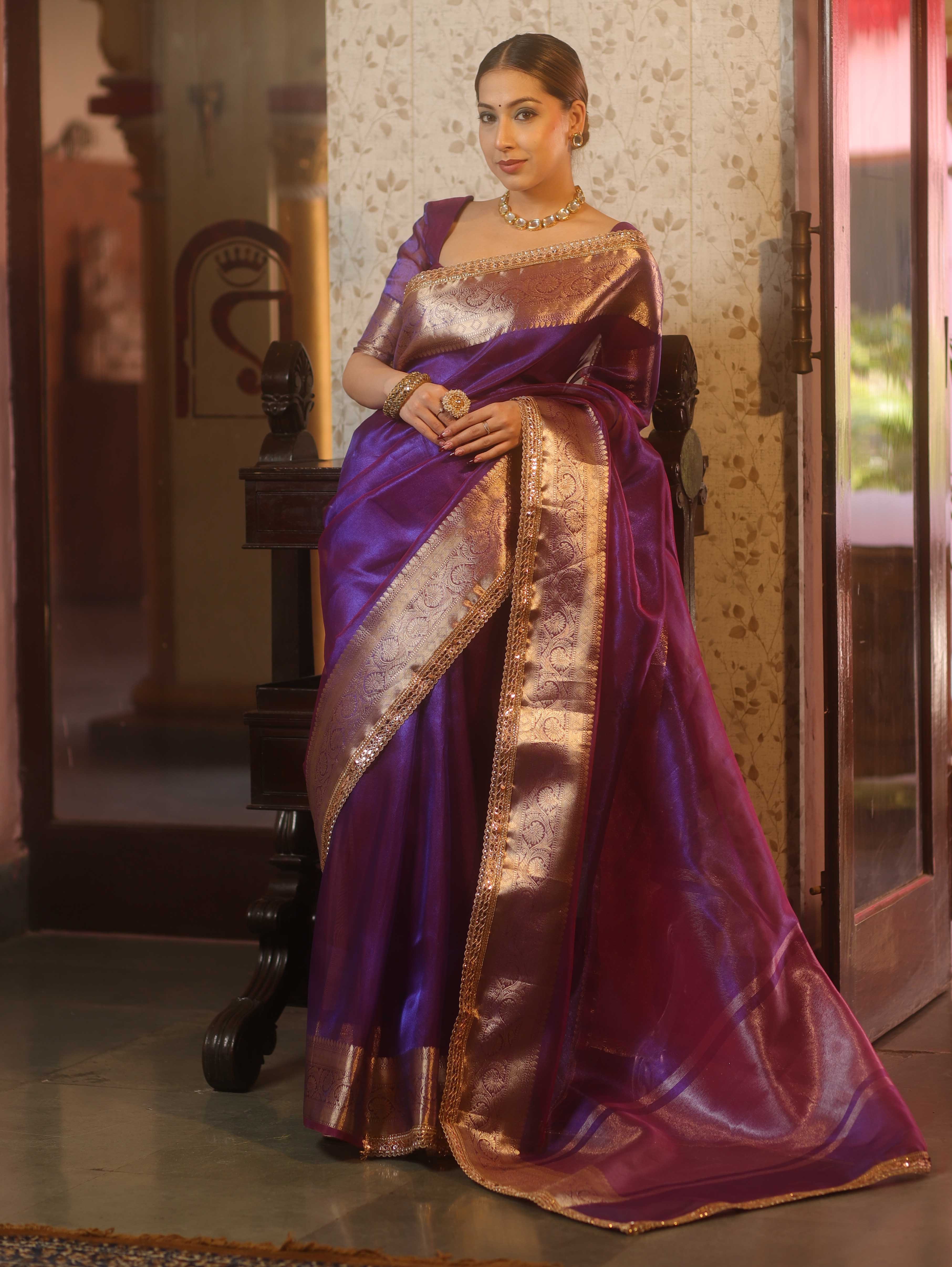 Banarasee Handwoven Plain Tissue Saree With Zari Border & Lace-Violet