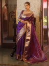 Banarasee Handwoven Plain Tissue Saree With Zari Border & Lace-Violet