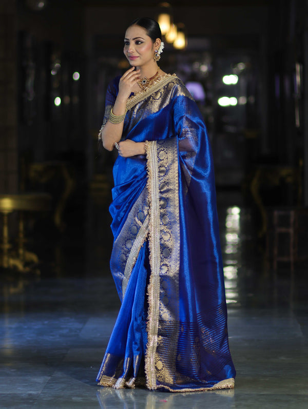 Banarasee Handloom Dual Shaded Plain Tissue Saree With Zari Border & Lace-Blue