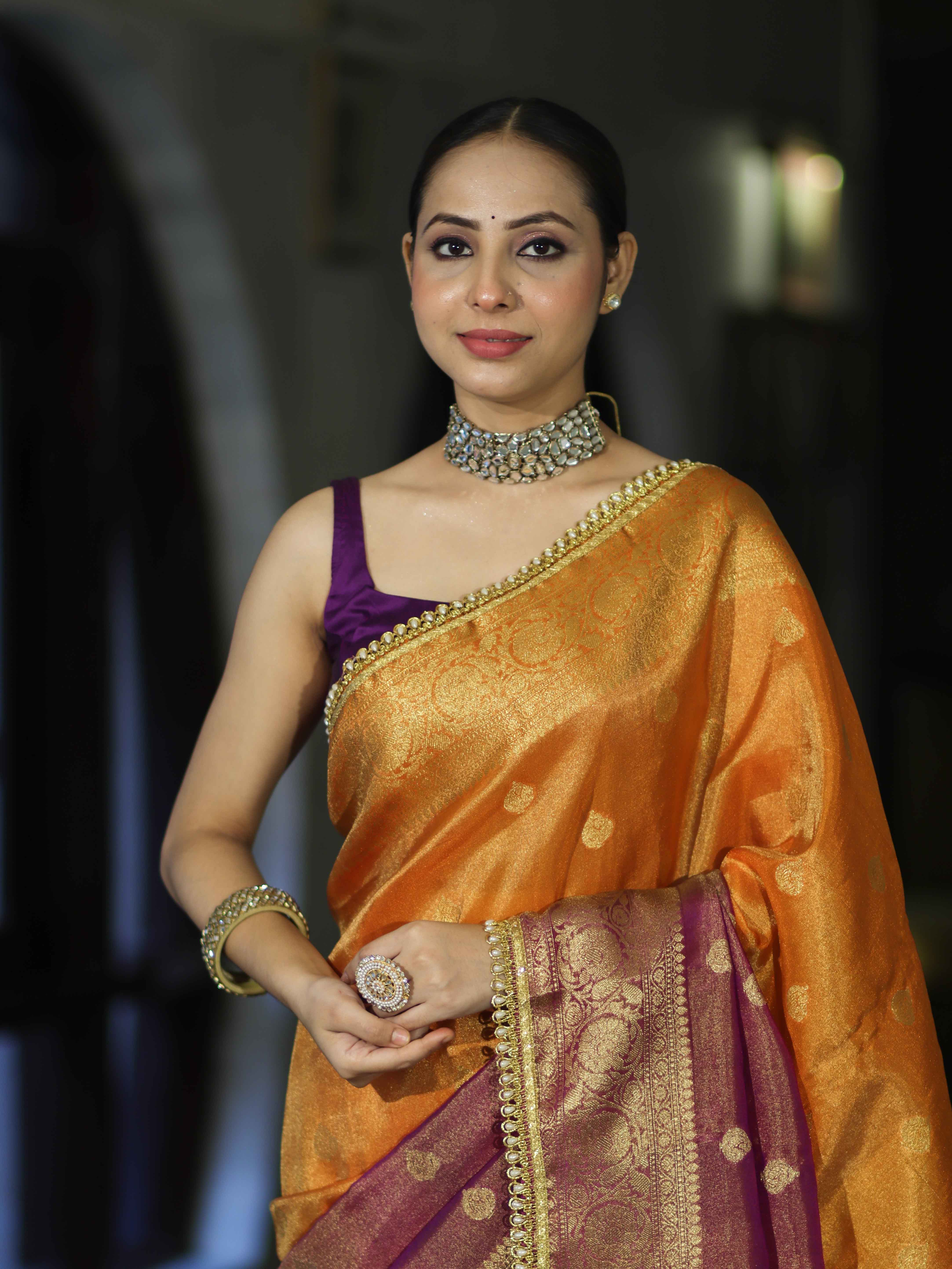 Banarasee Handloom Dual Color Tissue Silk Saree With Zari Buta Design Border & Lace-Violet & Orange