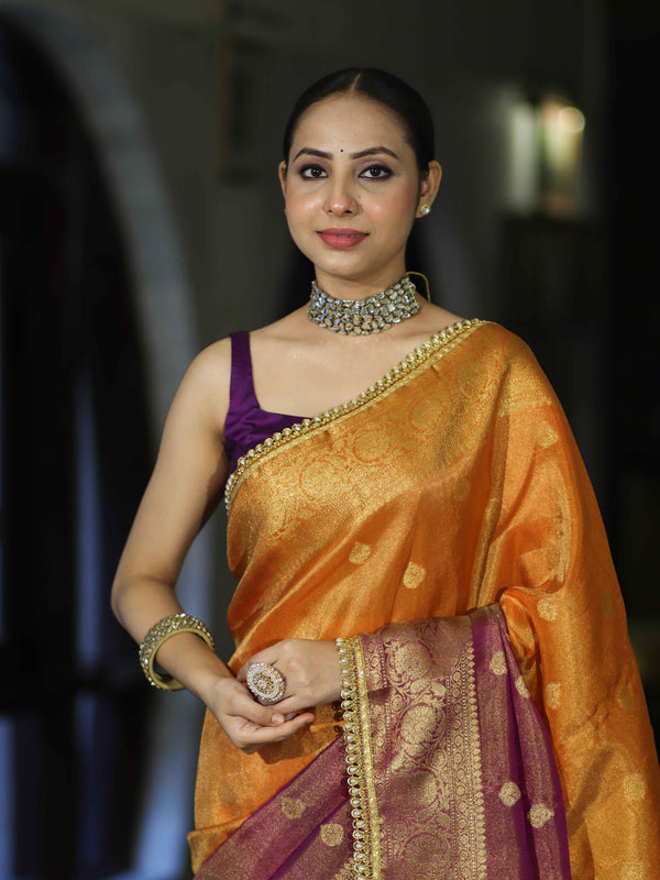 Banarasee Handloom Dual Color Tissue Silk Saree With Zari Buta Design Border & Lace-Violet & Orange