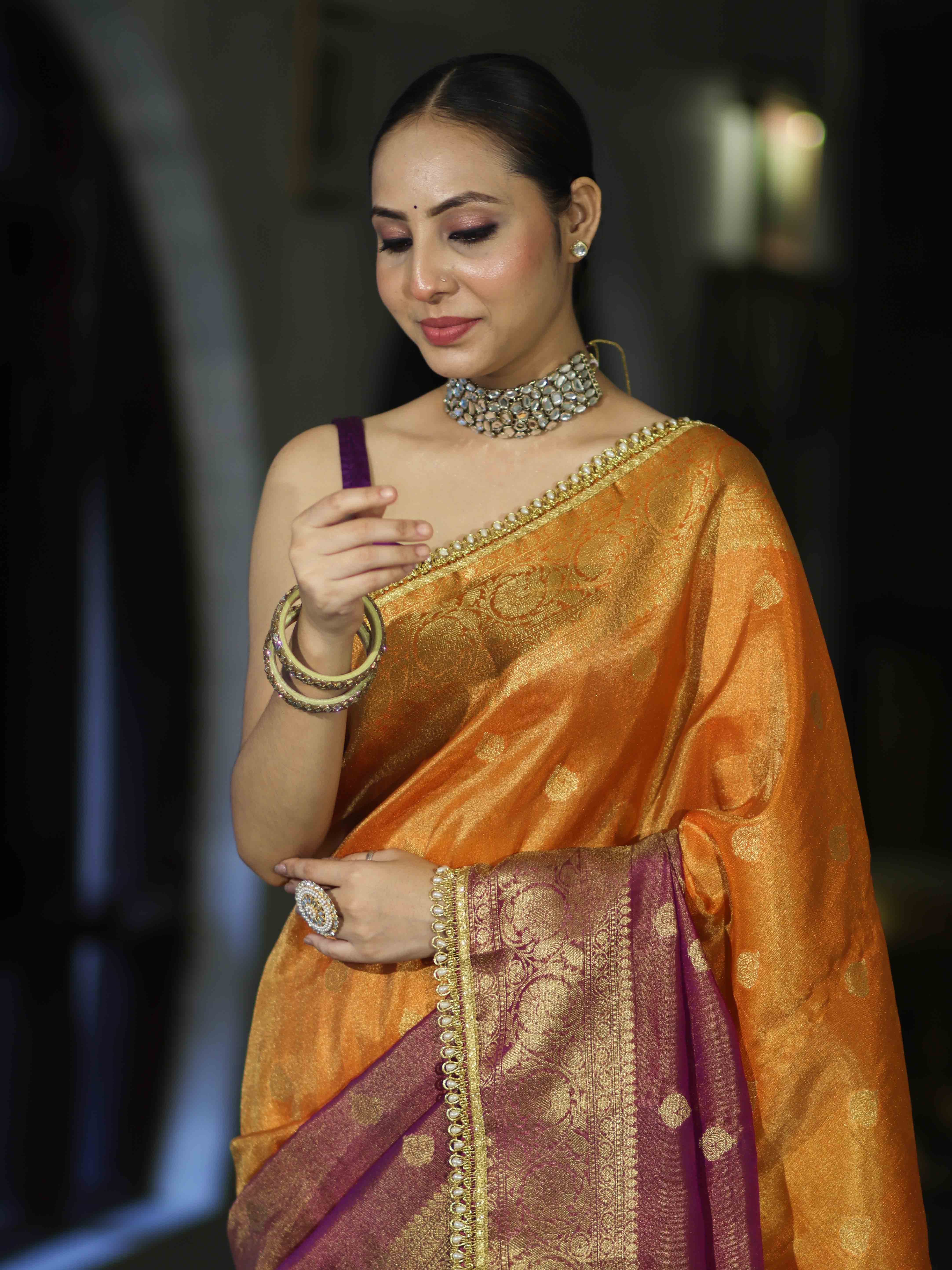 Banarasee Handloom Dual Color Tissue Silk Saree With Zari Buta Design Border & Lace-Violet & Orange