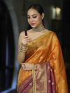 Banarasee Handloom Dual Color Tissue Silk Saree With Zari Buta Design Border & Lace-Violet & Orange