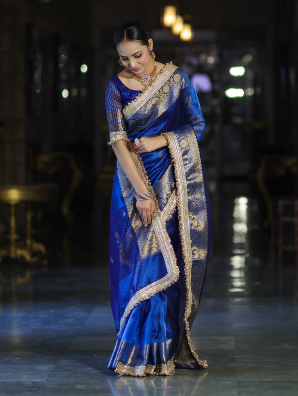 Banarasee Handloom Dual Shaded Plain Tissue Saree With Zari Border & Lace-Blue