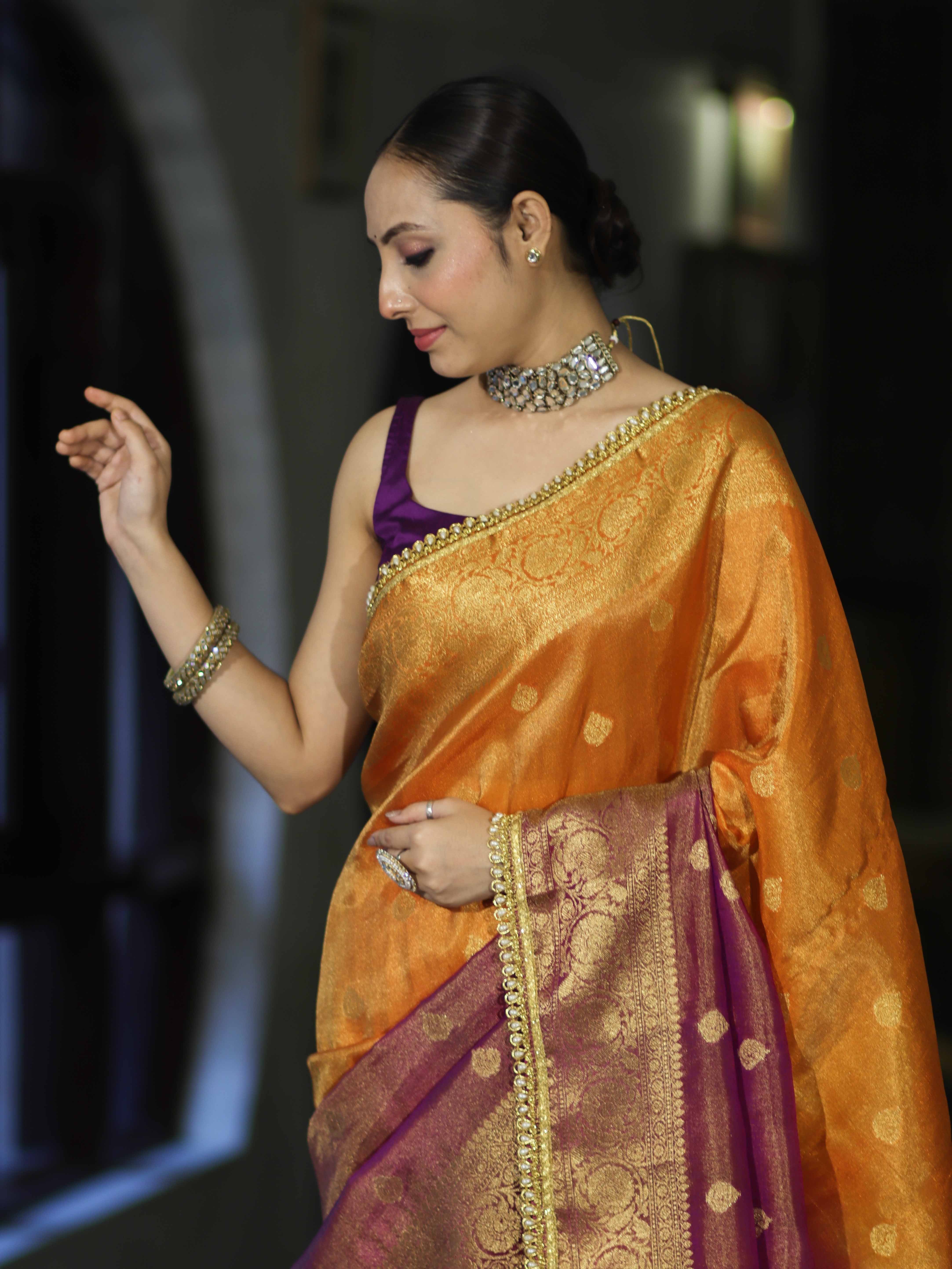 Banarasee Handloom Dual Color Tissue Silk Saree With Zari Buta Design Border & Lace-Violet & Orange