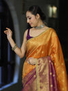 Banarasee Handloom Dual Color Tissue Silk Saree With Zari Buta Design Border & Lace-Violet & Orange