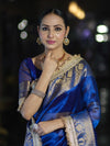 Banarasee Handloom Dual Shaded Plain Tissue Saree With Zari Border & Lace-Blue