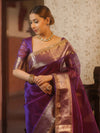 Banarasee Handwoven Plain Tissue Saree With Zari Border & Lace-Violet