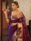 Banarasee Handwoven Plain Tissue Saree With Zari Border & Lace-Violet