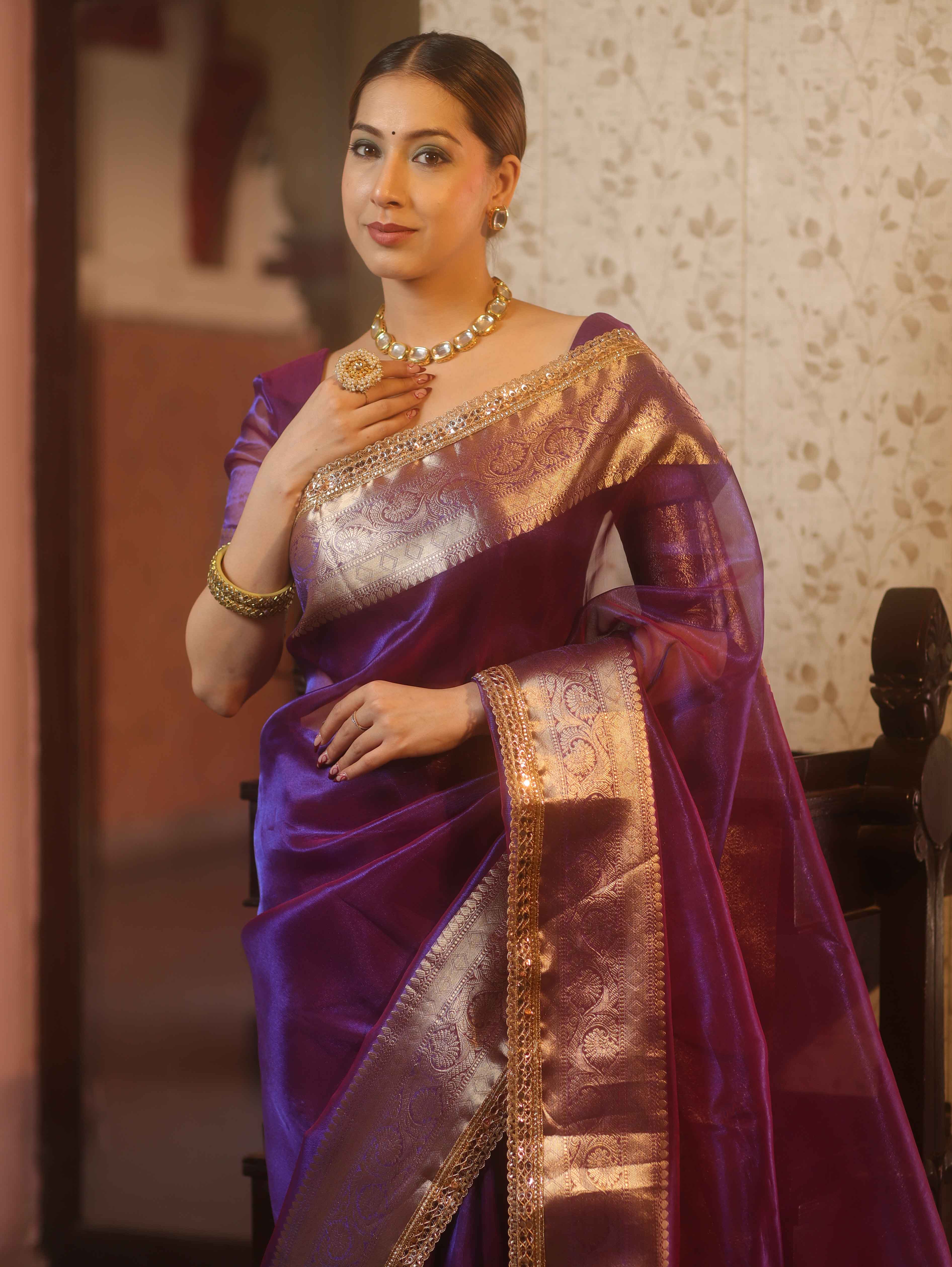 Banarasee Handwoven Plain Tissue Saree With Zari Border & Lace-Violet