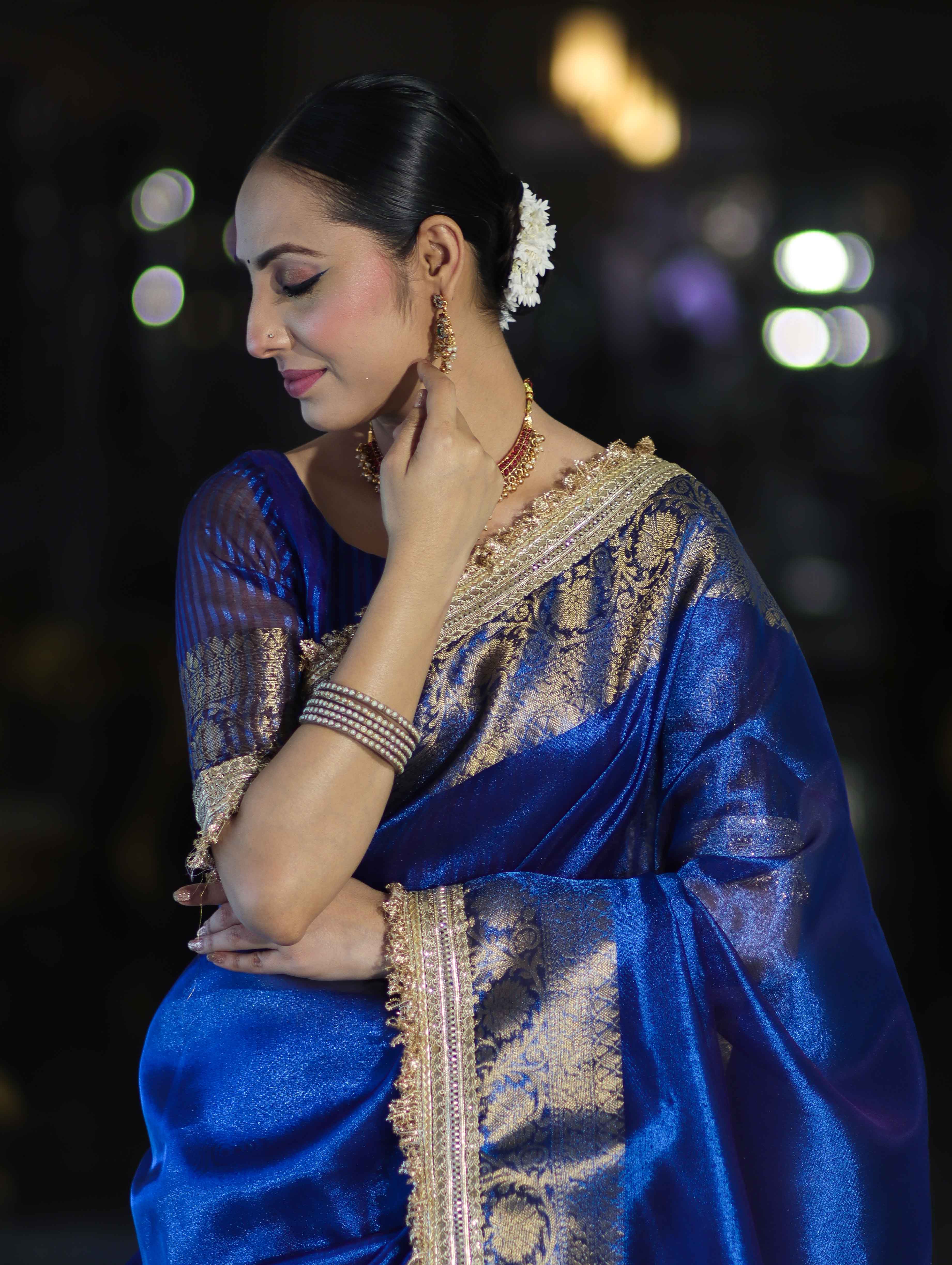 Banarasee Handloom Dual Shaded Plain Tissue Saree With Zari Border & Lace-Blue